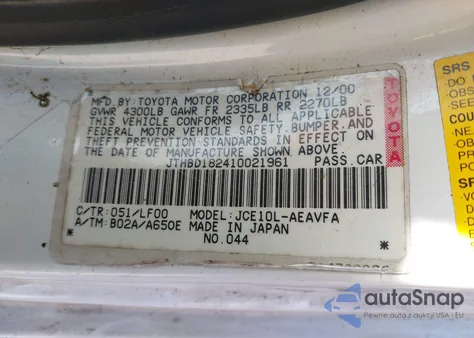 2001 Lexus Is 300 из США, поврежденный, VIN JTHBD182410021961